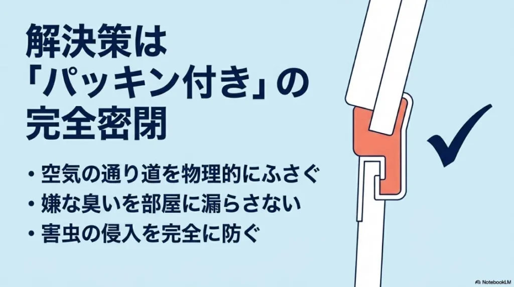 パッキン付きの完全密閉ゴミ箱が空気の通り道を物理的にふさぎ、臭いと害虫をブロックする解決策の解説