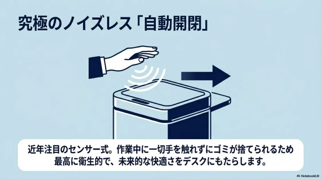 手を近づけるだけで蓋が自動開閉するセンサー式卓上ゴミ箱の動作イメージ。