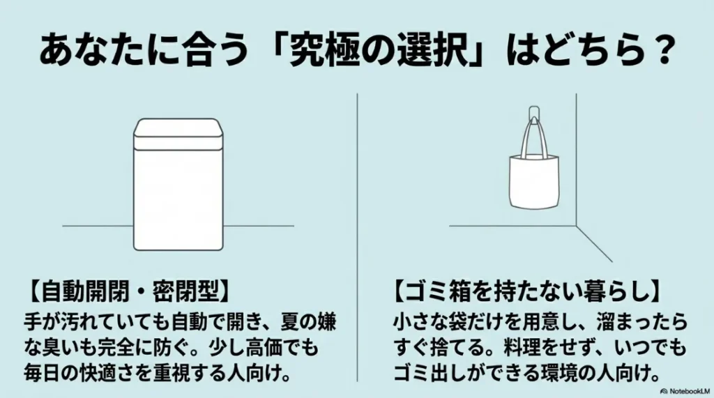 自動開閉・密閉型ゴミ箱と、ゴミ箱を持たない暮らしのライフスタイル別比較図。