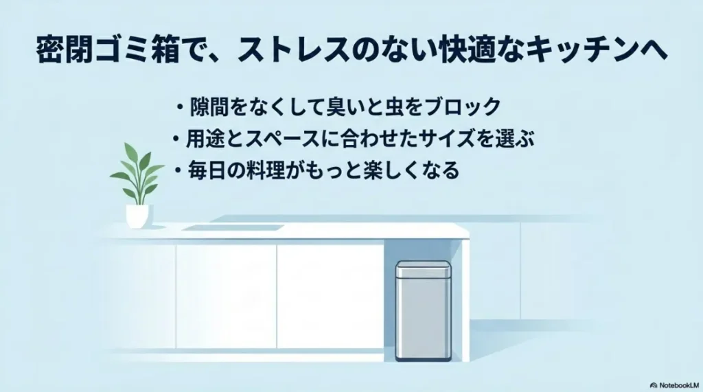 密閉ゴミ箱で臭いと虫をブロックし、快適で楽しいキッチン環境を実現するポイントのまとめスライド