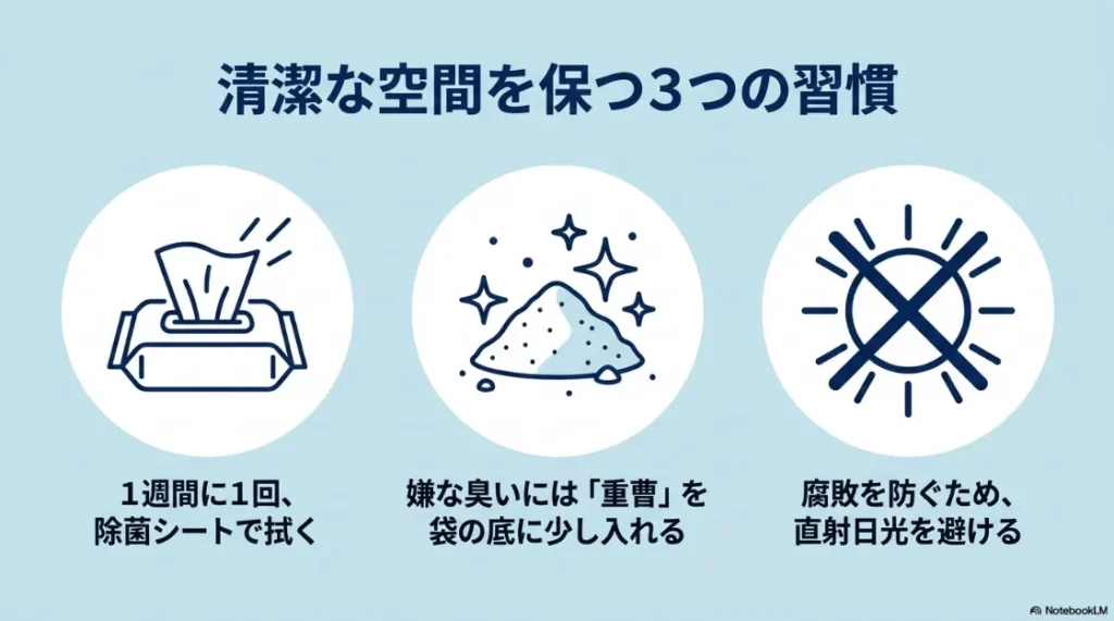 除菌シートでの清掃、重曹による消臭、直射日光の回避という3つのお手入れ習慣の図解。