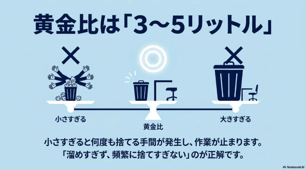 卓上ゴミ箱のサイズ比較図。小さすぎると手間が増え、大きすぎると邪魔になるため、3〜5リットルが黄金比であることを説明。