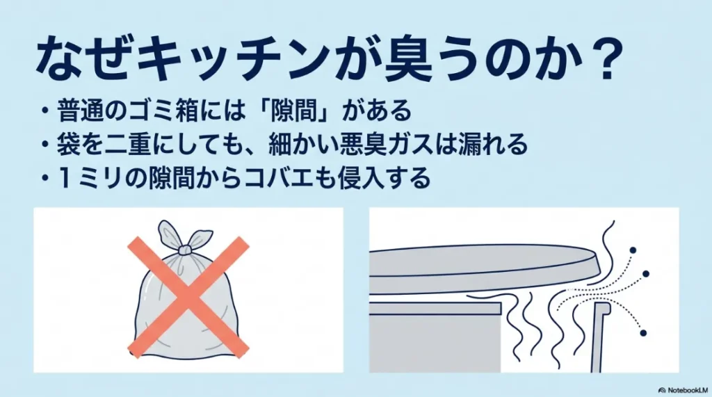 普通のゴミ箱にある隙間から悪臭ガスが漏れ、1ミリの隙間からコバエが侵入する原因を解説した図解