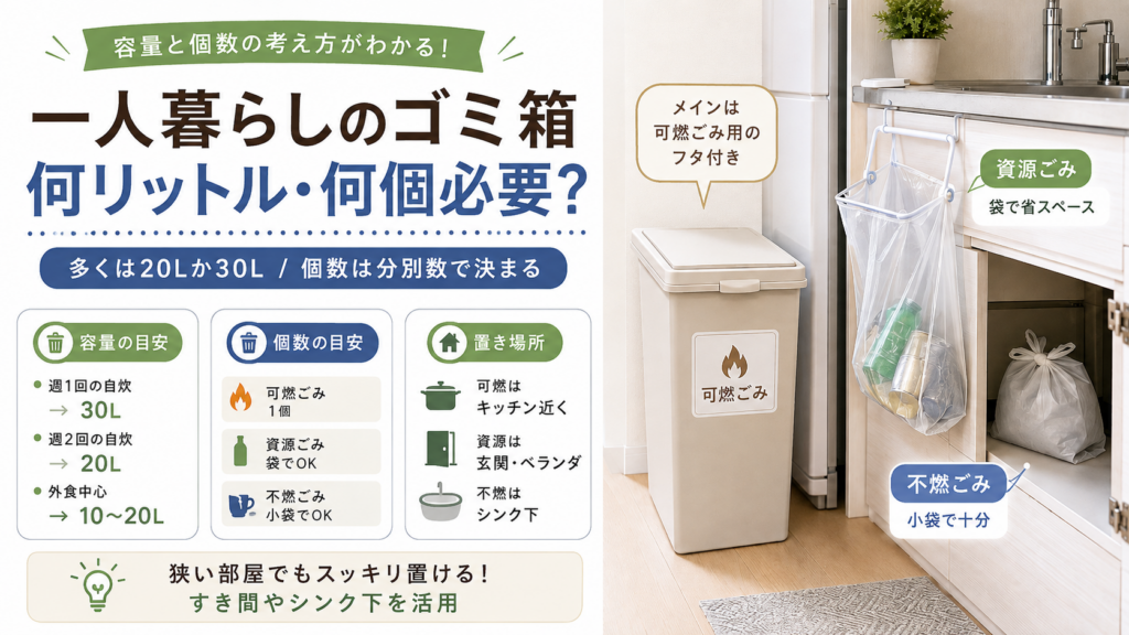一人暮らし向けのゴミ箱について、20L・30Lの容量目安や必要な個数、可燃ごみ・資源ごみ・不燃ごみの置き場所をまとめた図解。
