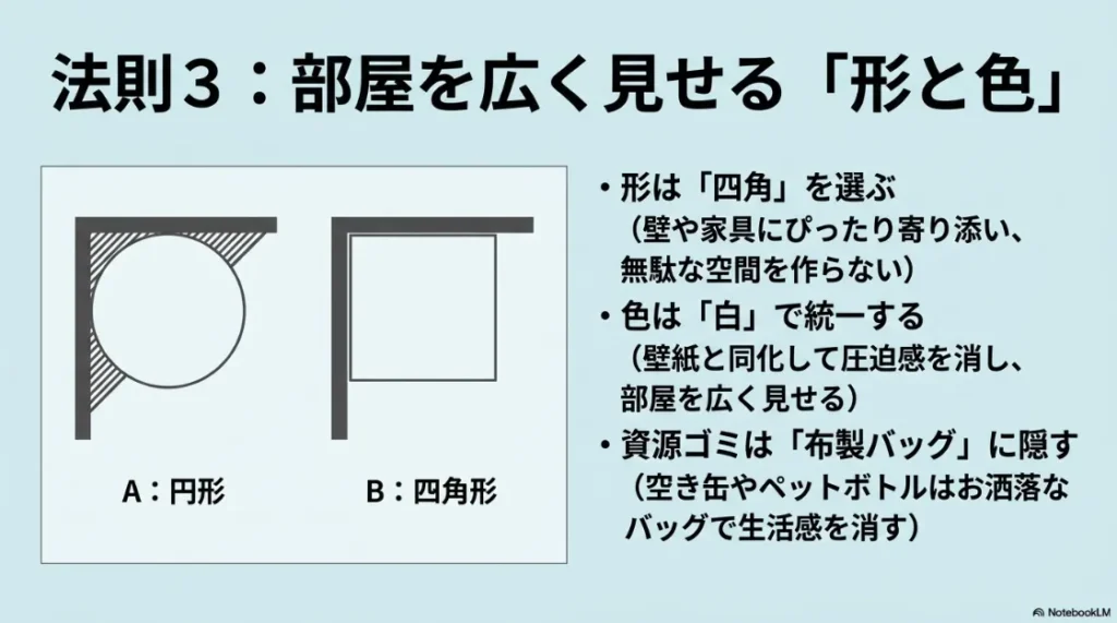 部屋を広く見せるゴミ箱のデザイン。四角い形状と白い色の選択、資源ゴミの布製バッグ収納。
