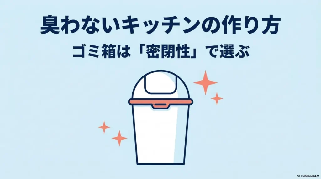 臭わないキッチンの作り方と密閉性で選ぶゴミ箱の重要性を説明するスライドの表紙画像
