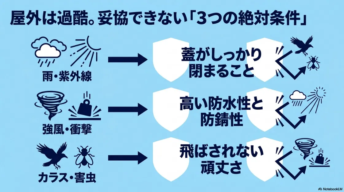 屋外用ゴミ箱の3つの絶対条件。1.蓋がしっかり閉まる（カラス・害虫対策）、2.高い防水性と防錆性（雨・紫外線対策）、3.飛ばされない頑丈さ（強風・衝撃対策）。