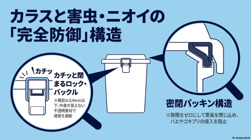 カラス・害虫・ニオイを防御する構造解説。ロック・バックル付きの蓋、4mm以下の網目、中身が見えない不透明素材、密閉パッキン構造のポイント。