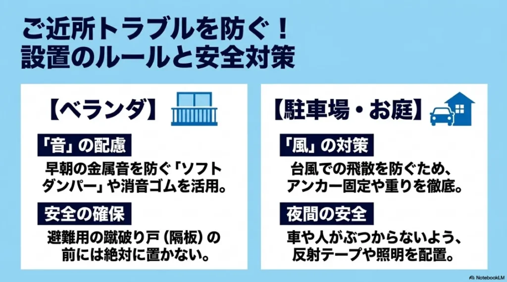 屋外ゴミ箱の設置マナーと安全対策。ベランダでの騒音配慮と避難経路確保、駐車場・庭での強風対策（アンカー固定・重り）と夜間の視認性確保について。