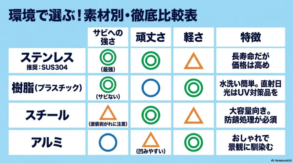 屋外用ゴミ箱の素材比較表。ステンレス（高耐久・高価格）、樹脂（サビない・軽量）、スチール（大容量・防錆必須）、アルミ（軽量・意匠性）のメリット・デメリットまとめ。