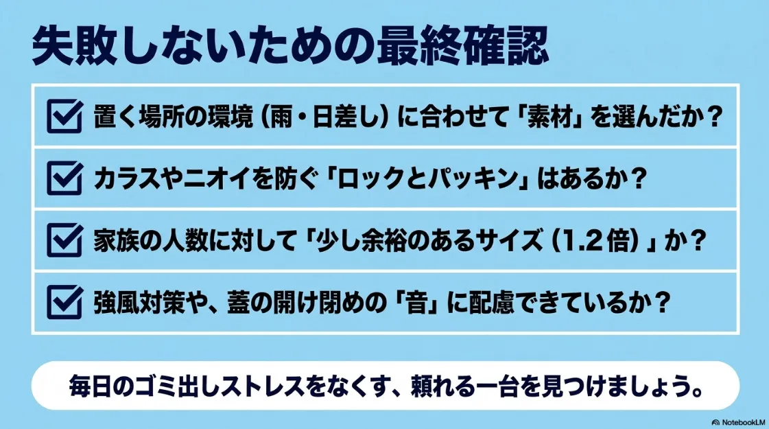 屋外用ゴミ箱選びの最終確認チェックリスト。素材の選択、ロックとパッキンの有無、容量（1.2倍）、強風・騒音対策の4項目をチェック。