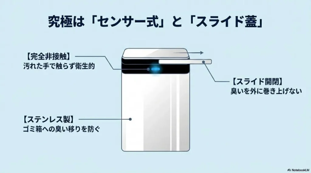 センサー式の完全非接触、ステンレス製、スライド開閉による臭い漏れ防止のメリットをまとめたスライド