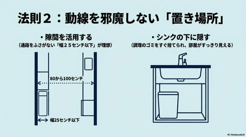 キッチンの動線を邪魔しないゴミ箱の配置。幅25cm以下のスリムタイプで通路を確保する図解。