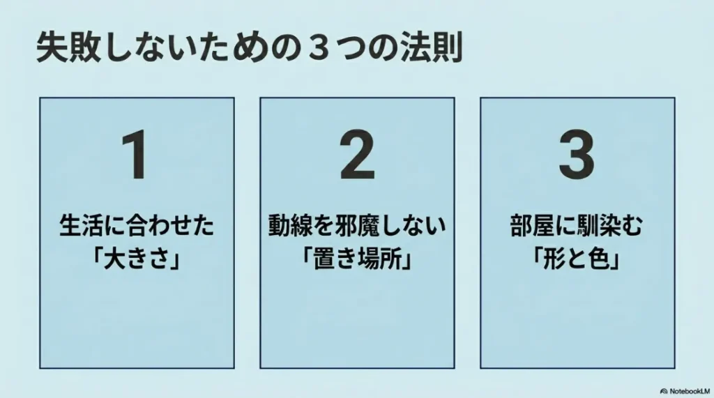一人暮らしのゴミ箱選びで失敗しないための3つの法則（大きさ、置き場所、形と色）の概要図。