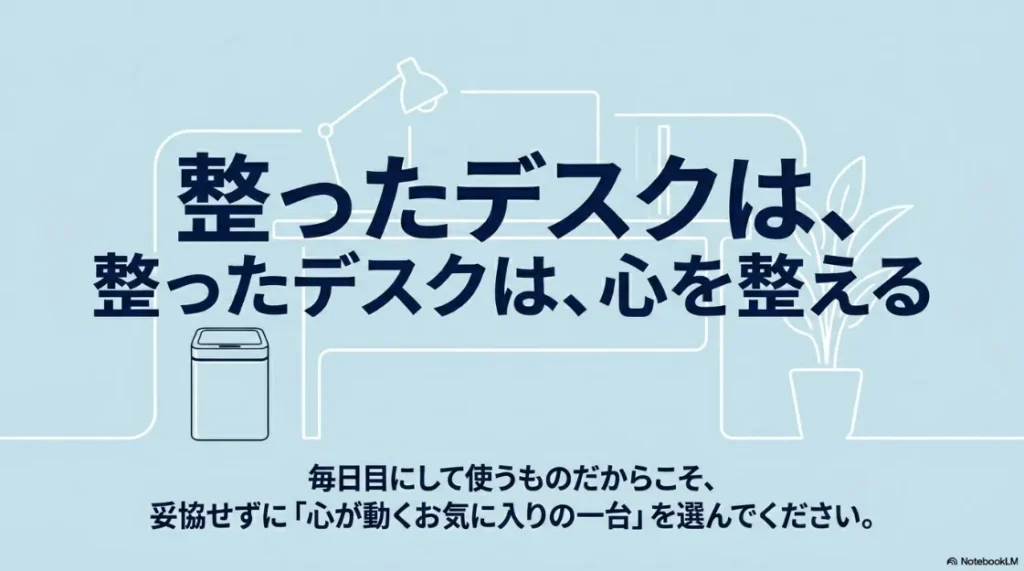 整ったデスクは心を整えるというメッセージと共に、スタイリッシュなゴミ箱が置かれたデスクのイメージ。