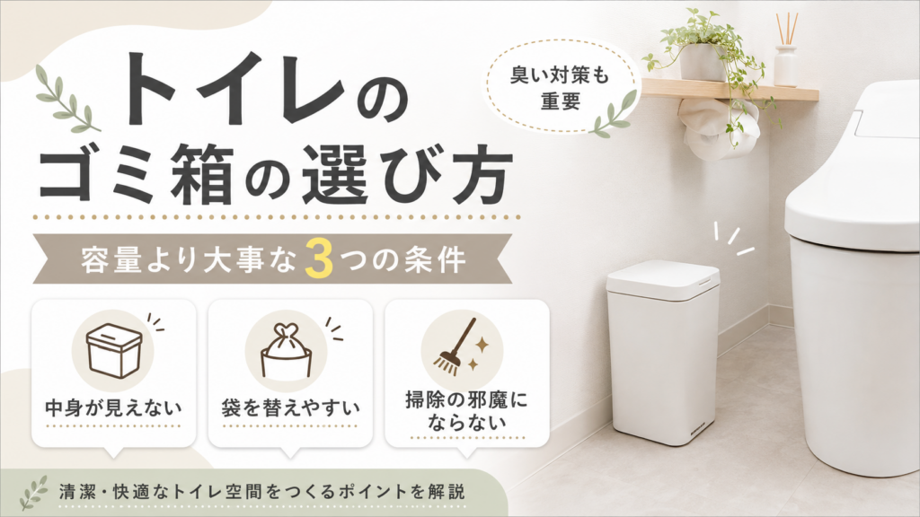 トイレのゴミ箱の選び方と、容量より大事な「中身が見えない・袋を替えやすい・掃除の邪魔にならない」の3つの条件を解説した画像