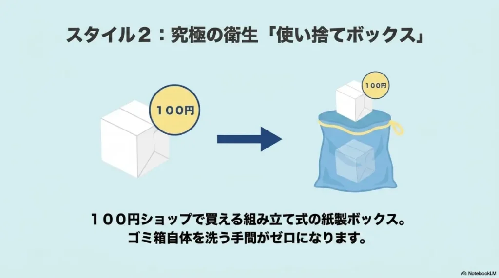 究極の衛生スタイルとして「使い捨てボックス」を紹介するスライド。100円ショップで買える組み立て式の紙製ボックスにより、洗う手間をゼロにするアイデア。