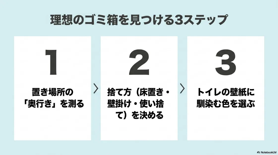 理想のゴミ箱を見つける3ステップのまとめスライド。1.奥行きを測る、2.捨て方を決める、3.壁紙に馴染む色を選ぶ、という手順を掲載。