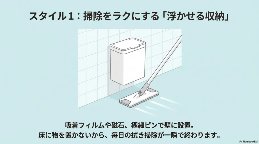 掃除をラクにする「浮かせる収納」スタイルの紹介スライド。吸着フィルムや磁石、ピンで壁に設置し、床掃除を効率化するイメージ図。