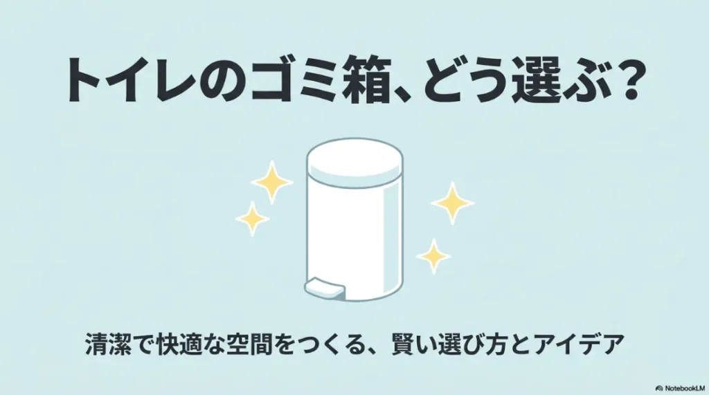 トイレのゴミ箱の選び方についてのスライド表紙。「清潔で快適な空間をつくる、賢い選び方とアイデア」というキャッチコピーと、白いペダル式ゴミ箱のイラスト。