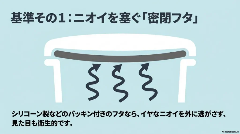 失敗しない基準の1つ目として、ニオイを塞ぐ密閉フタを解説するスライド。シリコーン製パッキン付きのフタがニオイ漏れを防ぐ仕組みを説明。