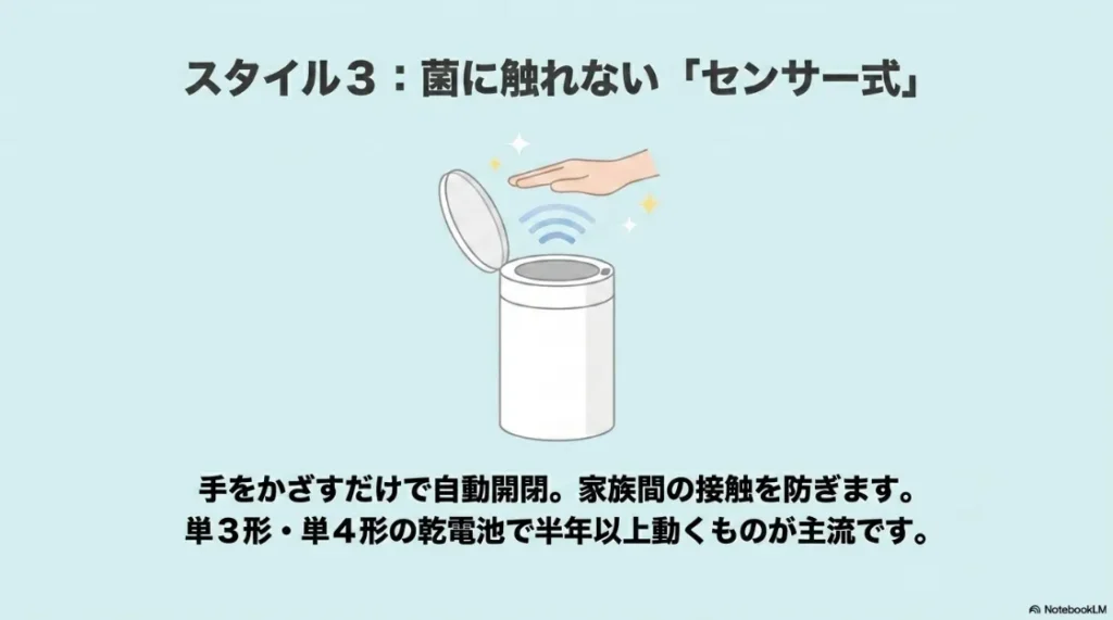菌に触れない「センサー式」スタイルの紹介スライド。手をかざすだけで自動開閉し、家族間の接触を防ぐ機能と乾電池での動作について解説。