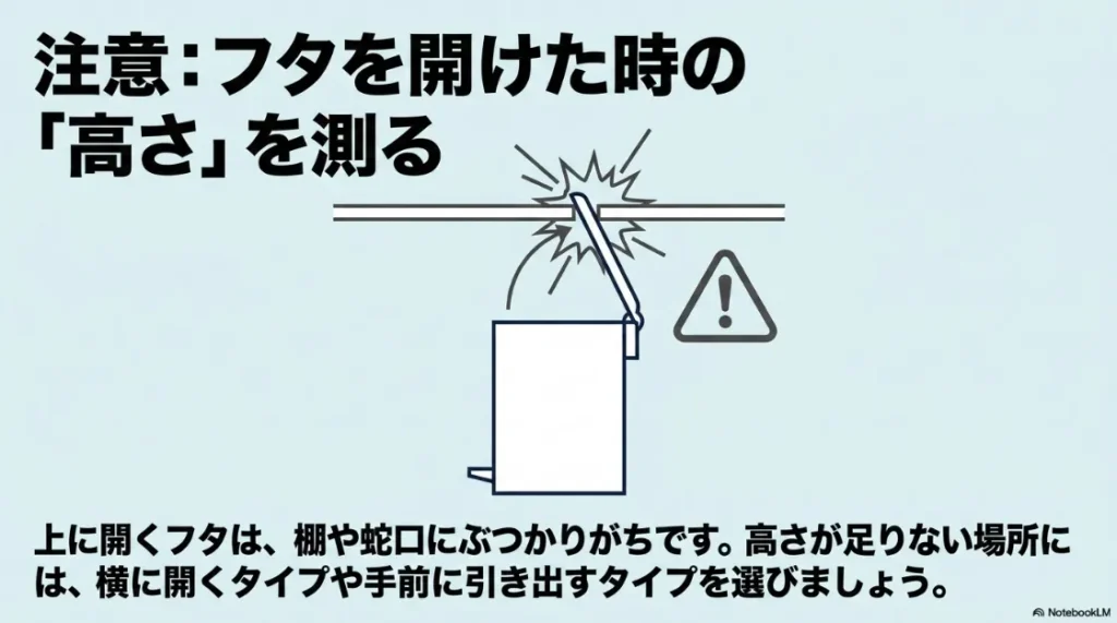 ゴミ箱のフタを開けた時の高さを測る重要性。棚や蛇口への干渉を防ぐための注意点。