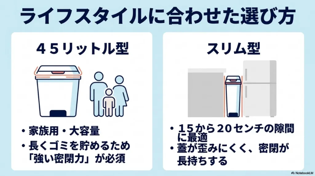 家族向けの大容量45リットル型と、15〜20センチの隙間に最適なスリム型の特徴を比較した選び方ガイド