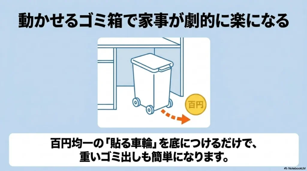 100円均一の「貼る車輪」をゴミ箱の底に付けることで、出し入れやゴミ出しが劇的に楽になることを示すイラスト。