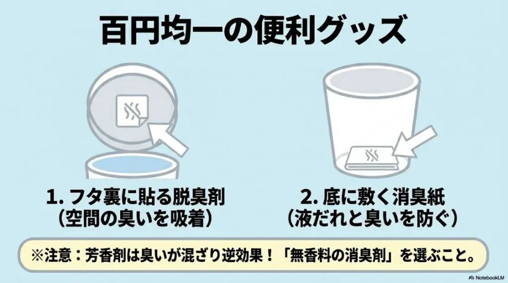 フタ裏に貼る脱臭剤や底に敷く消臭紙など百円均一の便利グッズ