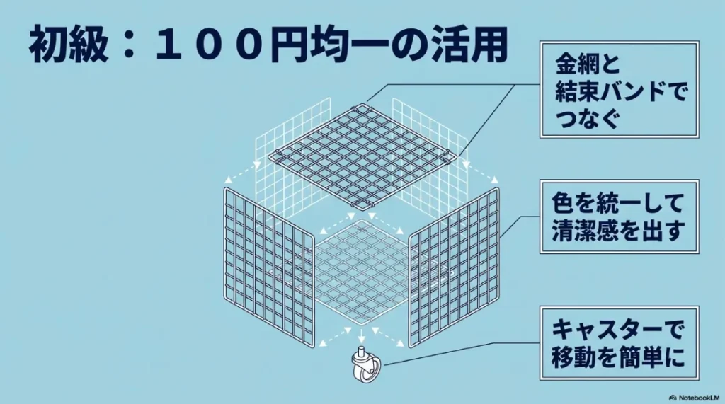 100均のワイヤーネットと結束バンドの色を統一して清潔感を出し、キャスターで移動を簡単にする初級DIYのポイント 。