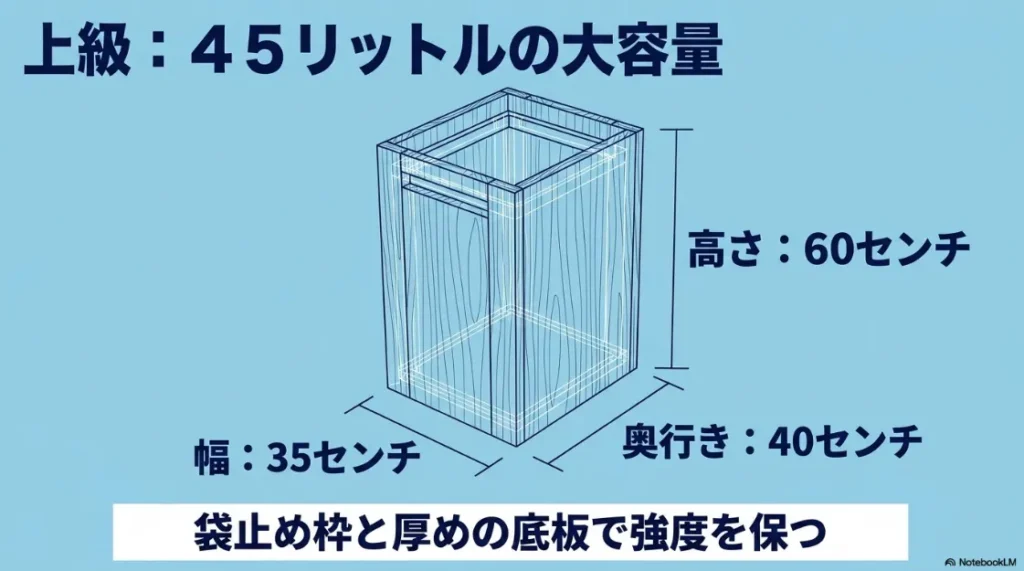 45リットル大容量ゴミ箱の設計サイズ（高さ60cm、幅35cm、奥行き40cm）と、強度を保つ袋止め枠の構造 。