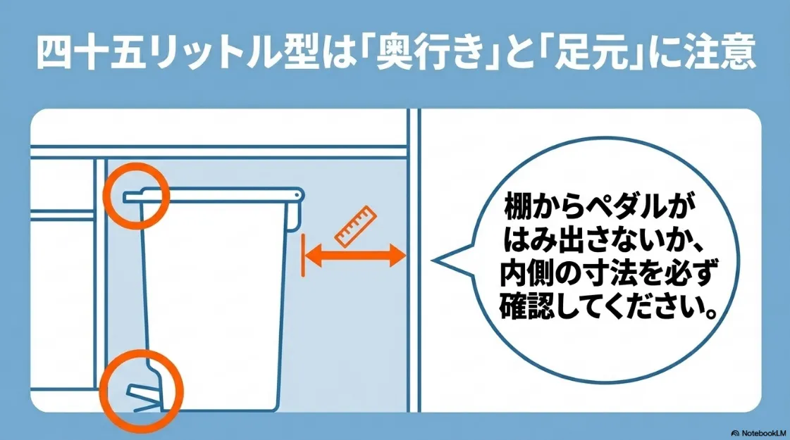 45リットル型のゴミ箱を置く際、棚の奥行きやペダルの出っ張りに注意が必要であることを示す解説スライド。