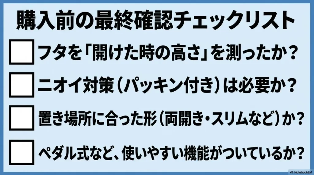 45Lのゴミ箱選びで失敗しないための最終チェックリストをまとめたスライド。サイズ、密閉性、蓋の形状、ブランドの4つの観点から重要事項を再確認しています。