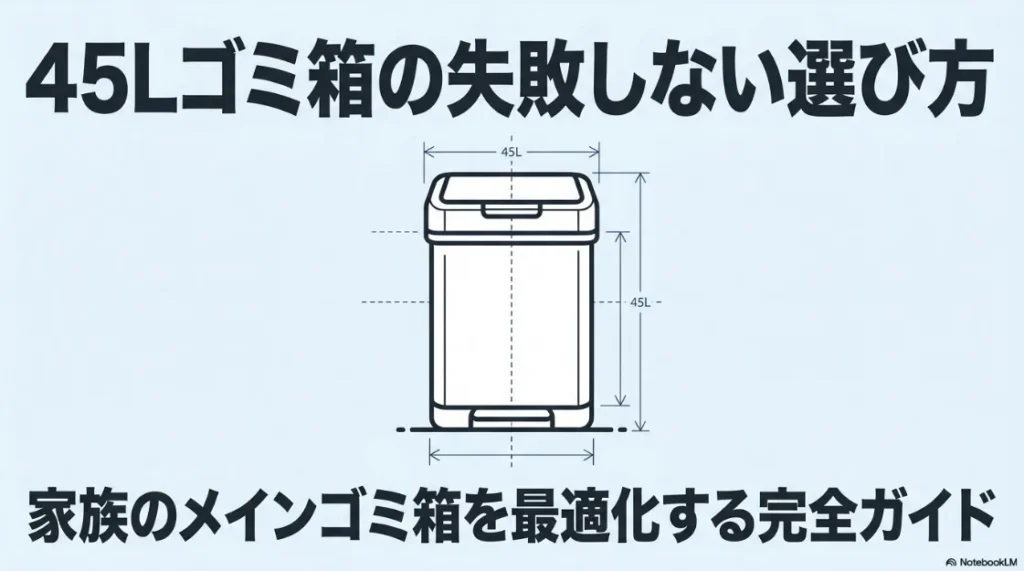 45Lのゴミ箱の選び方の全体像をまとめたタイトルスライド。失敗しないための重要ポイントとして、容量・ニオイ対策・形状・ブランドの4点を図解しています。