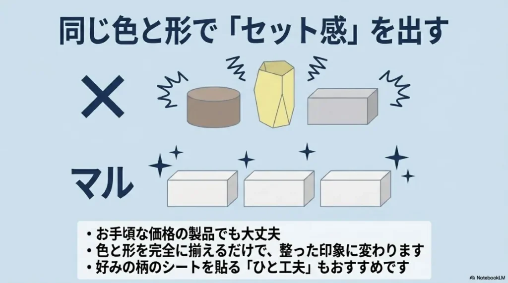 安いゴミ箱でも色と形を完全に揃えるだけでセット感が出ておしゃれに見える工夫
