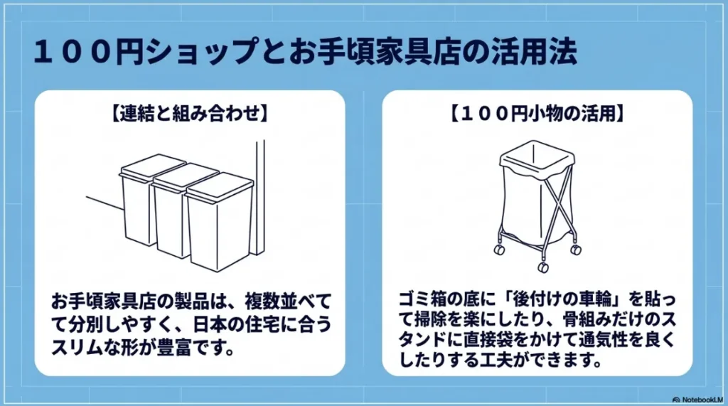 100円ショップとお手頃家具店のゴミ箱活用法。連結機能や後付け車輪、袋かけスタンドなどの工夫紹介