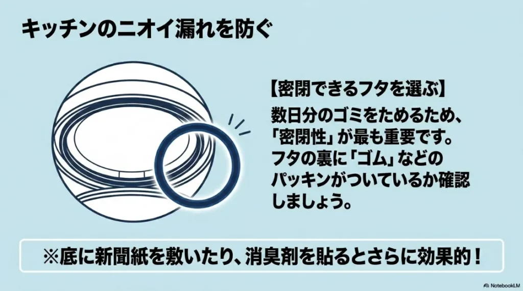 キッチンのニオイ漏れを防ぐ密閉フタの選び方。フタの裏のパッキン確認や、新聞紙・消臭剤の活用による効果を解説。