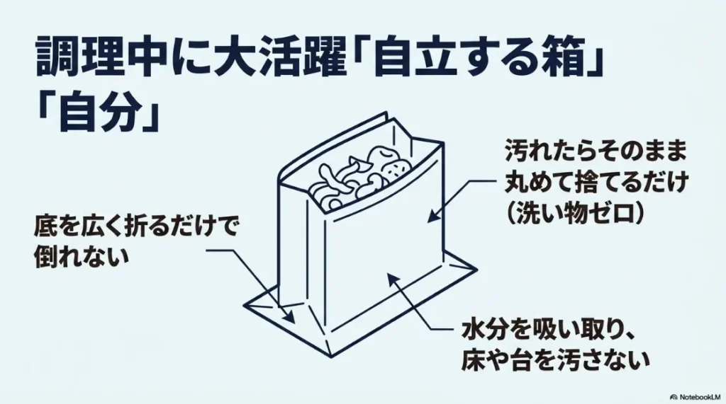 調理中に便利な自立する新聞紙ゴミ箱のイラスト。マチがあって倒れにくく、水分を吸い取る特徴を解説