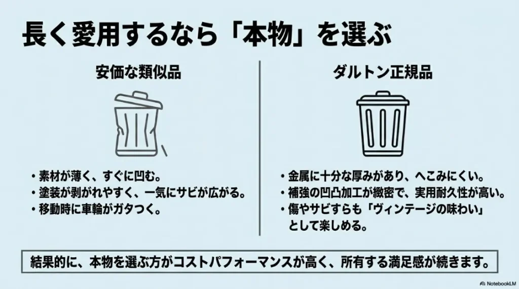 ダルトン正規品と安価な類似品の違い。金属の厚みや耐久性、キャスターの精度など、本物を選ぶメリットの比較。