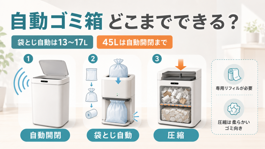 自動ゴミ箱の自動化範囲を比較した図。自動開閉、袋とじ自動、圧縮の3タイプと、袋とじ自動は13〜17L、45Lは自動開閉までという違いを解説