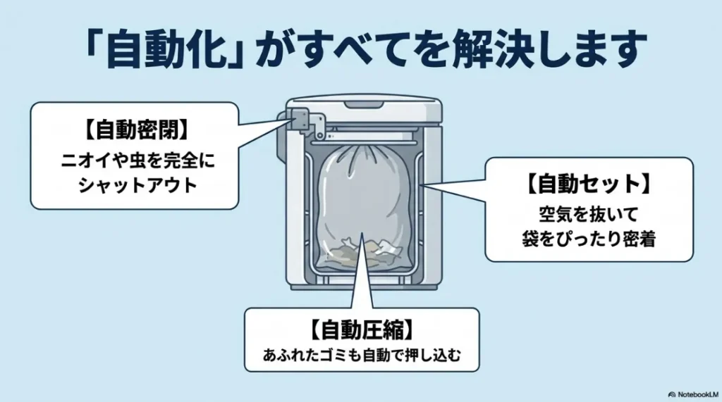 自動ゴミ箱の3つのメリット（自動密閉：ニオイや虫を完全にシャットアウト、自動セット：空気を抜いて袋をぴったり密着、自動圧縮：あふれたゴミも自動で押し込む）がゴミ捨てのストレスを解決することを説明するスライド。
