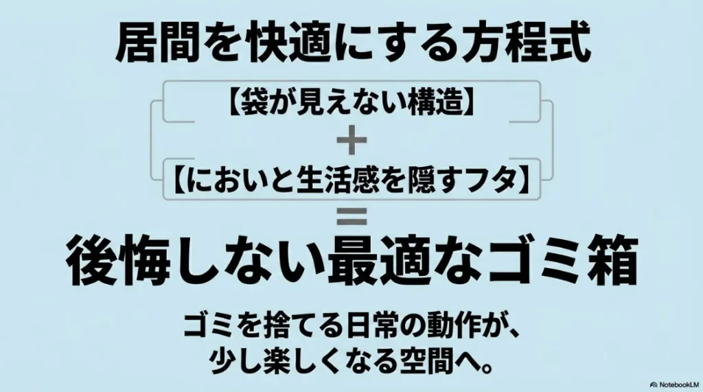 居間を快適にする方程式。袋が見えない構造とにおいを隠すフタを組み合わせた、後悔しない最適なゴミ箱の選び方