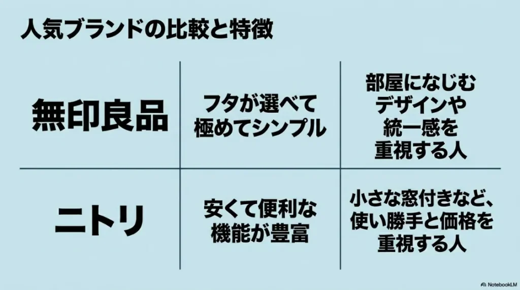 人気ブランド比較。デザイン重視の無印良品と、多機能でコスパ重視のニトリの特徴をまとめたスライド。