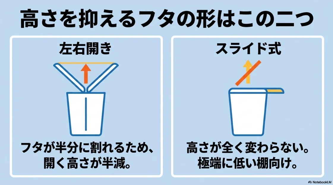 高さを抑えるフタの形として、左右開き（バタフライ式）とスライド式の2種類を紹介するイラスト