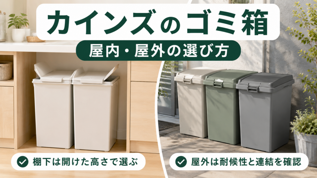 カインズのゴミ箱を屋内用と屋外用に分け、棚下では開けた高さ、屋外では耐候性と連結機能を確認する選び方を示した画像