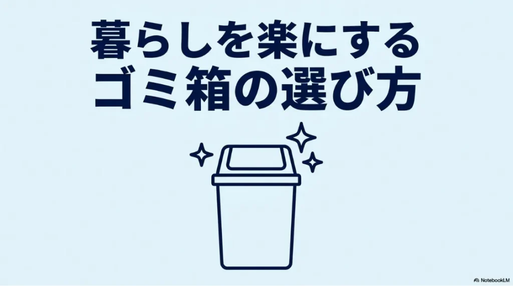 『暮らしを楽にする ゴミ箱の選び方』と書かれた、スライド資料の表紙画像。