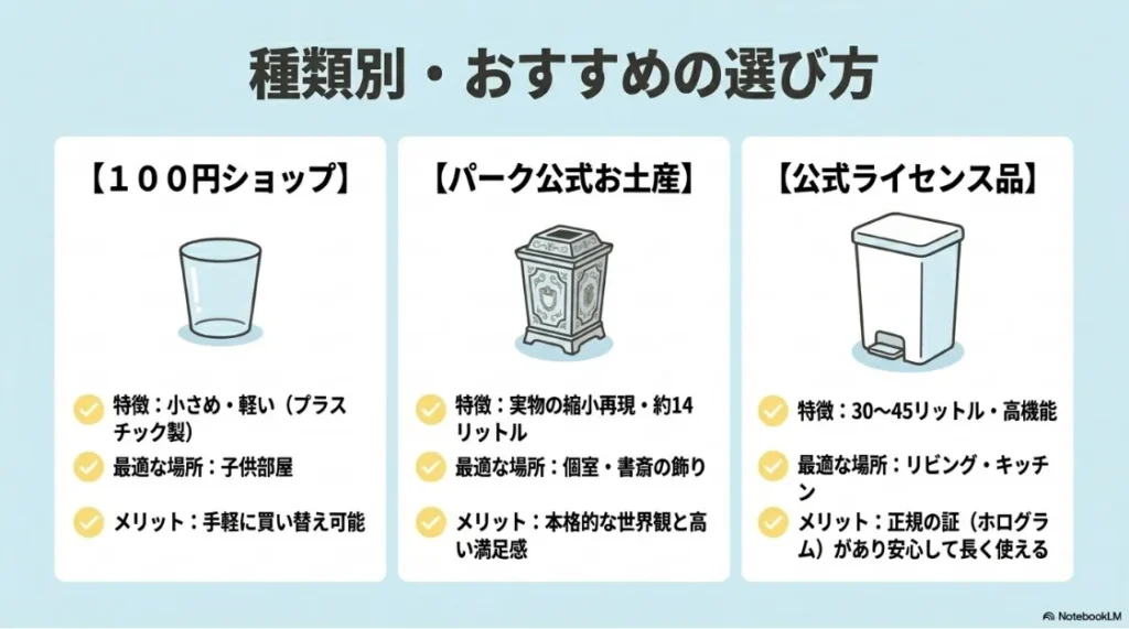 100円ショップ、パーク公式お土産、公式ライセンス品それぞれのゴミ箱の特徴・最適な場所・メリットをまとめた比較スライド