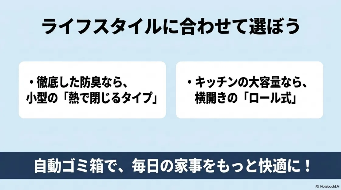 徹底した防臭なら小型の「熱で閉じるタイプ」、キッチンの大容量なら横開きの「ロール式」といった、ライフスタイルに合わせた自動ゴミ箱の選び方のまとめスライド。