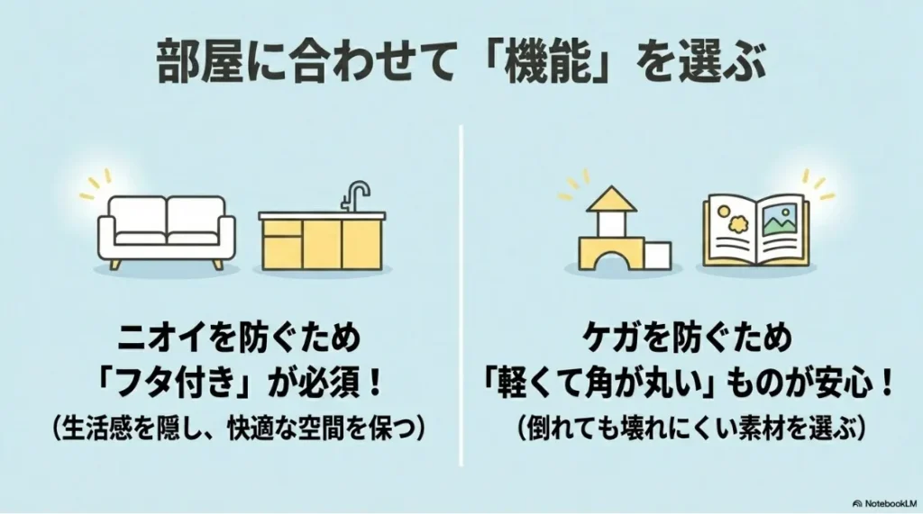 部屋に合わせて機能を選ぶポイントとして、ニオイを防ぐフタ付きの必須性と、ケガを防ぐ軽くて角が丸い素材の安心感を説明するスライド